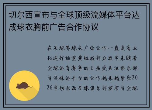 切尔西宣布与全球顶级流媒体平台达成球衣胸前广告合作协议