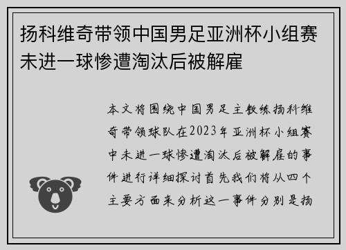 扬科维奇带领中国男足亚洲杯小组赛未进一球惨遭淘汰后被解雇 扬科维奇带领中国男足亚洲杯小组赛未进一球惨遭淘汰后被解雇